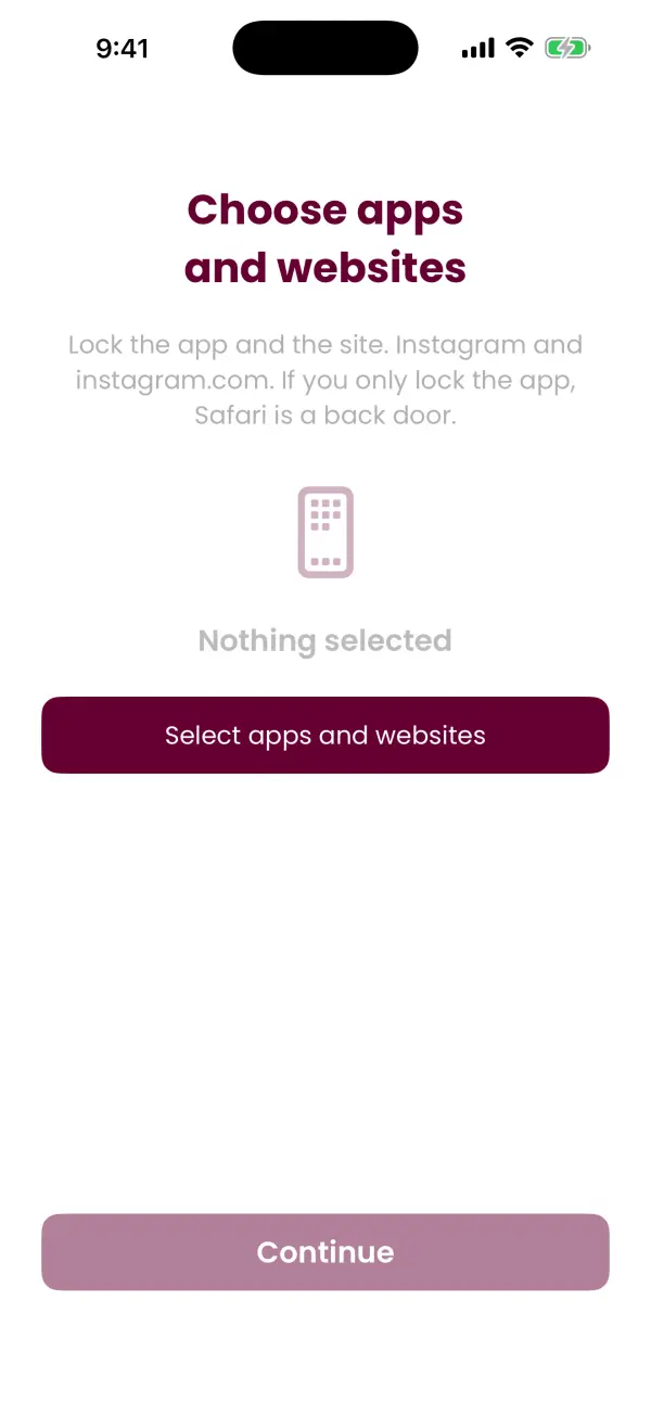 Make Your Bed setup screen for choosing which apps and websites to lock