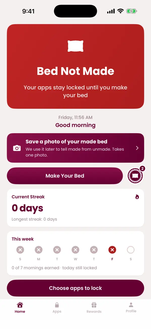 Make Your Bed home screen showing Bed Not Made, the current streak, this week's mornings and the Make Your Bed button