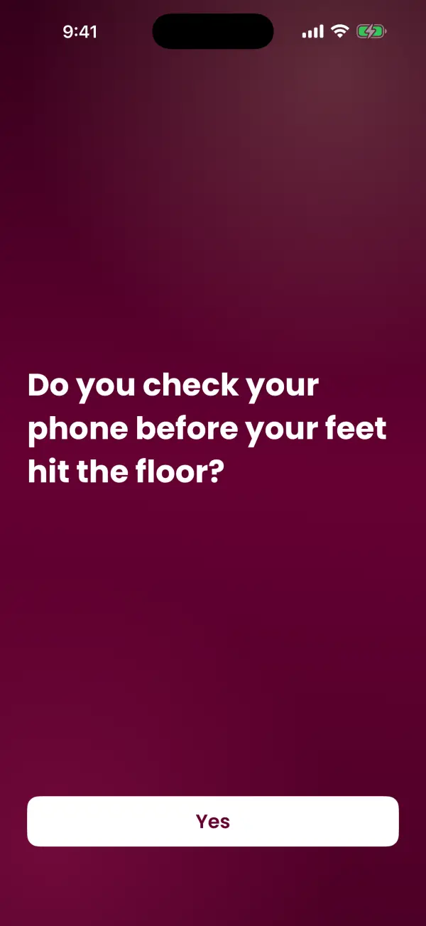Make Your Bed onboarding screen asking: Do you check your phone before your feet hit the floor?