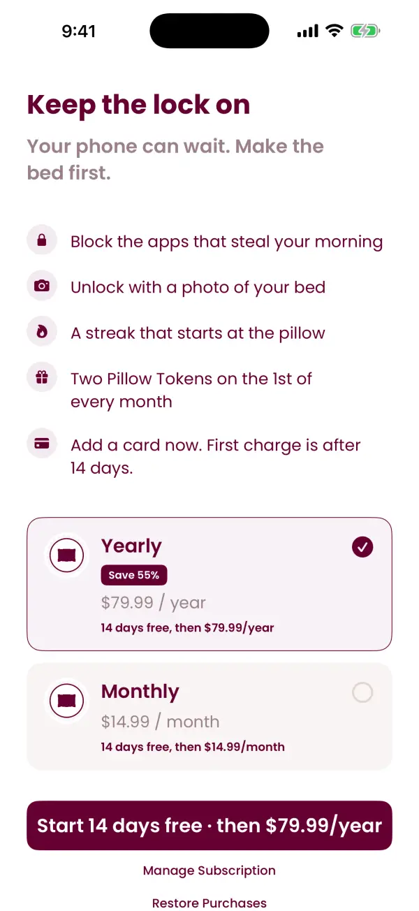 Make Your Bed subscription screen with Yearly at $79.99 and Monthly at $14.99, both with 14 days free